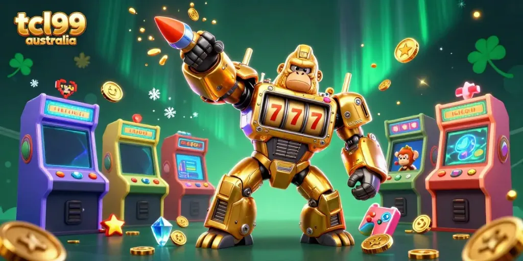 Experience the excitement of tcl99 australia with a vibrant 3D illustration of a golden gorilla mech in action.