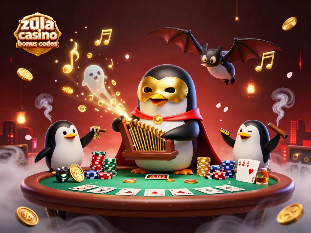 Win big with Zula Casino Bonus Codes featuring a penguin playing music and poker!