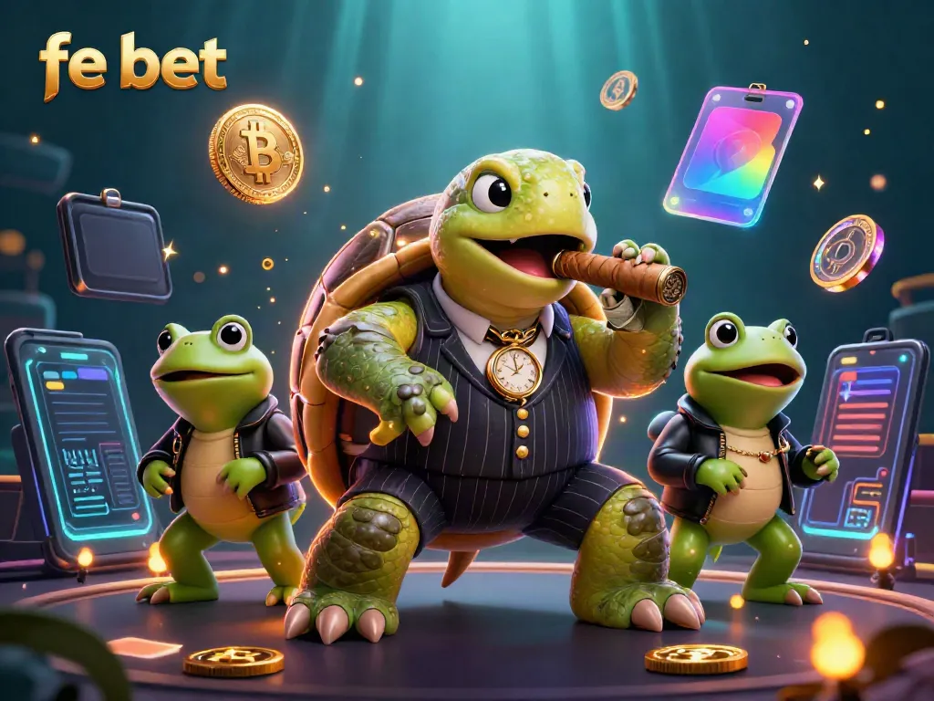 Engage with fe bet through a lively 3D scene featuring a snapping turtle in mobster attire surrounded by dynamic gambling elements.