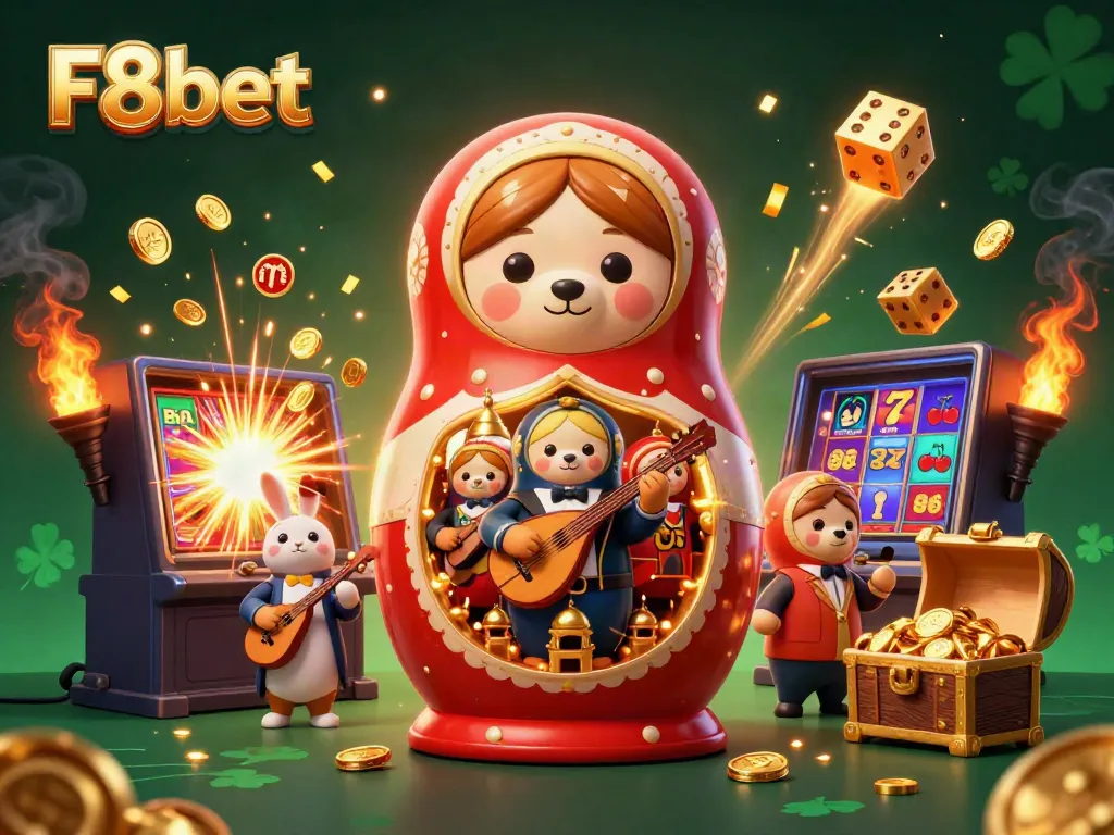 Experience thrilling slots and jackpots with F8bet in a vibrant 3D casino scene.