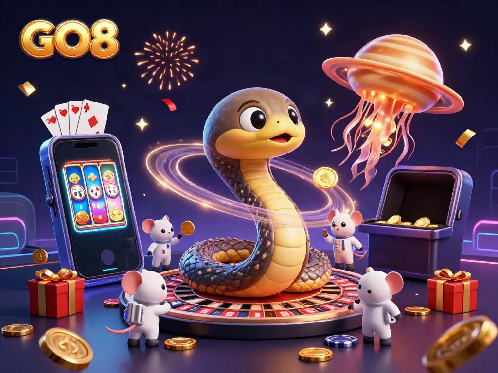 Engage with the vibrant GO8 casino environment featuring a cosmic dealer and betting astronauts.