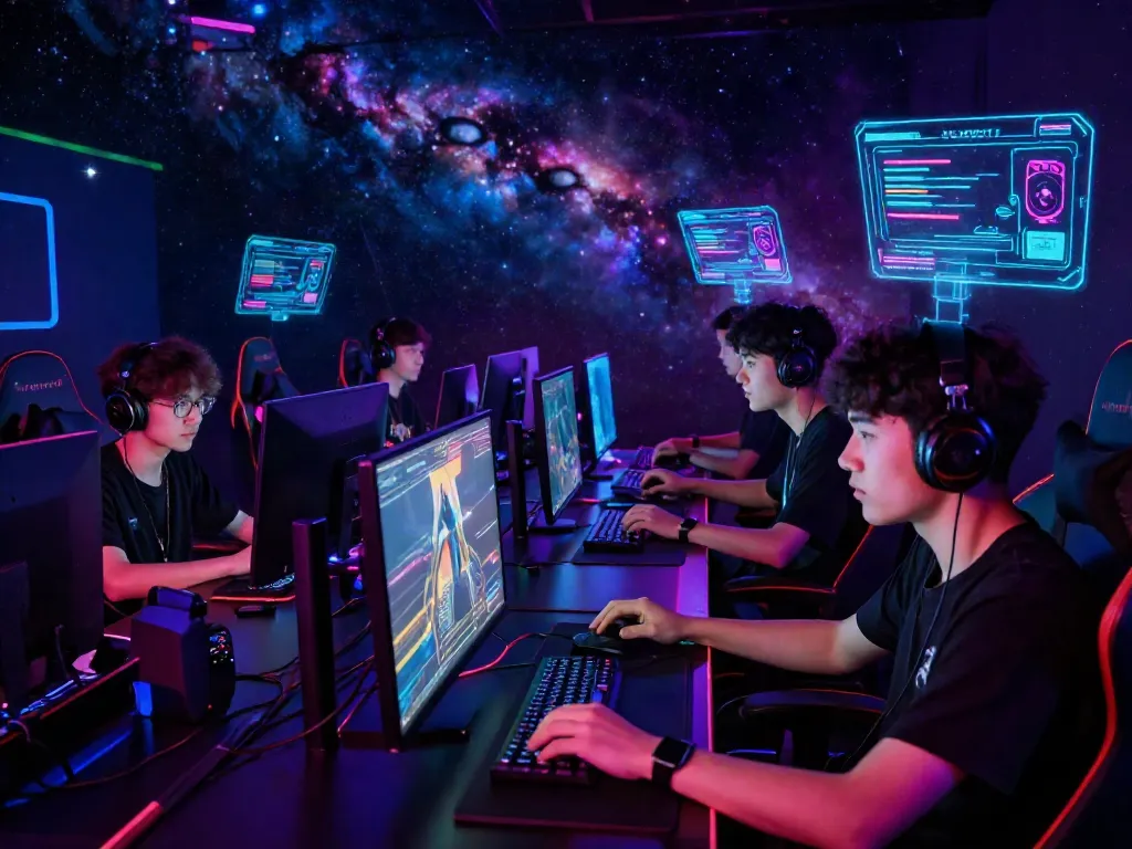 Dynamic online gaming atmosphere at luxury111 with vibrant neon colors and competitive players.