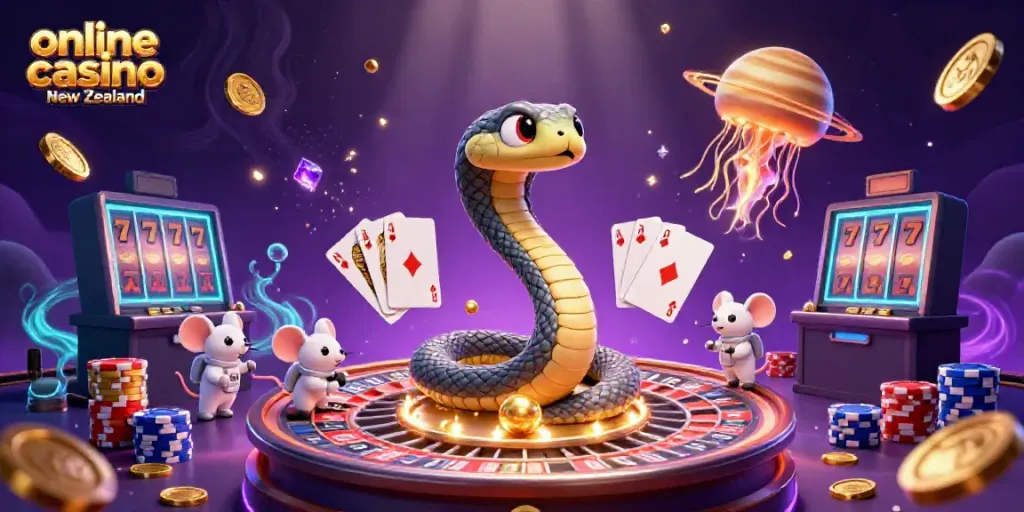 Experience the thrill of an online casino in New Zealand with a vibrant 3D fantasy scene.