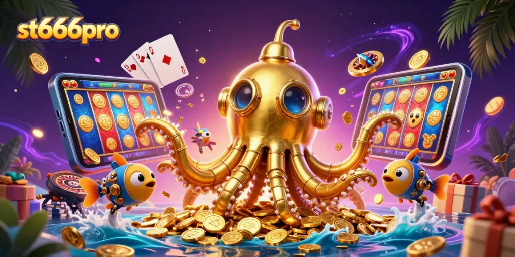 Experience exciting gameplay at st666pro featuring a golden kraken submarine and 3D slot games.