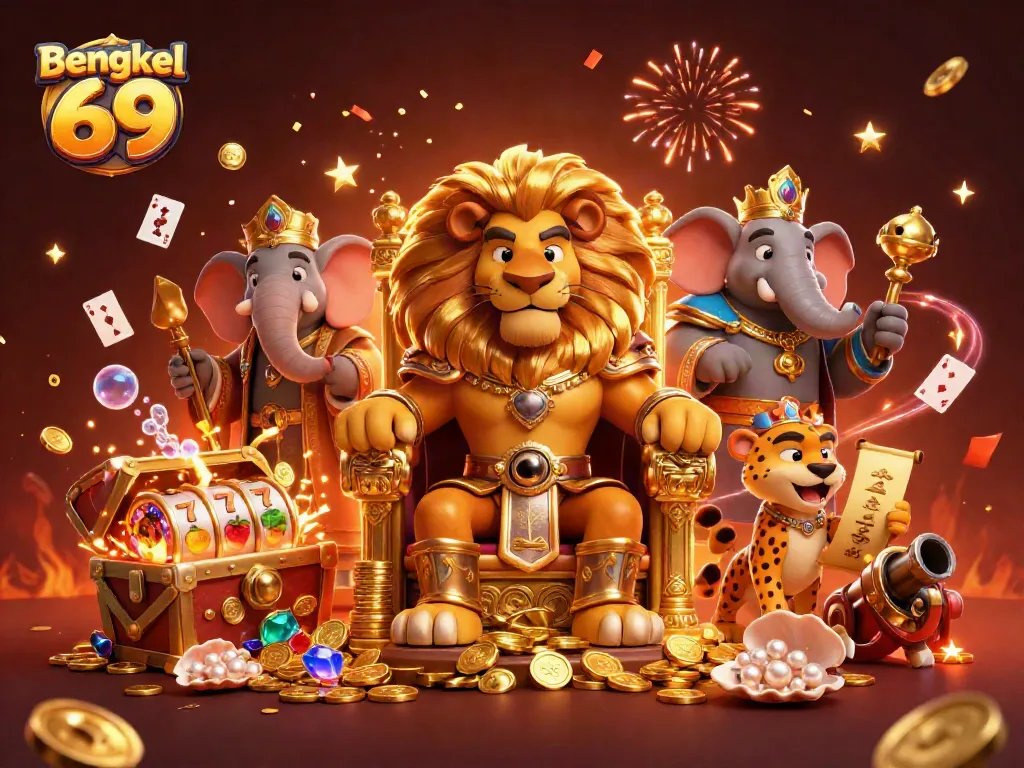 Bengkel 69 presents a vibrant 3D casino scene with a lion king, elephant advisor, and cheetah messenger amidst slot reels and treasure, celebrating winning strategies.