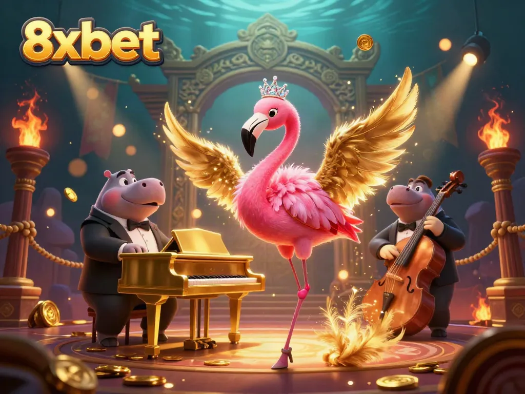 Experience the vibrant world of 8xbet with a lively casino scene featuring a flamingo and hippo performers.