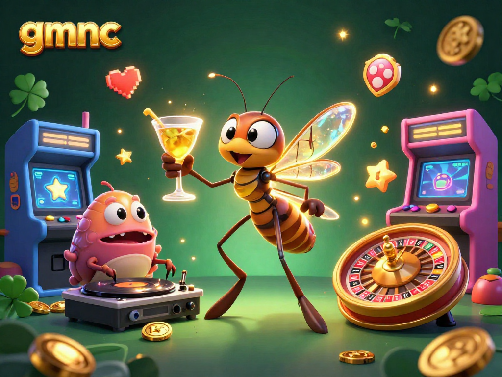Engage in thrilling casino action with the gmnc mascot and DJ in a vibrant scene.