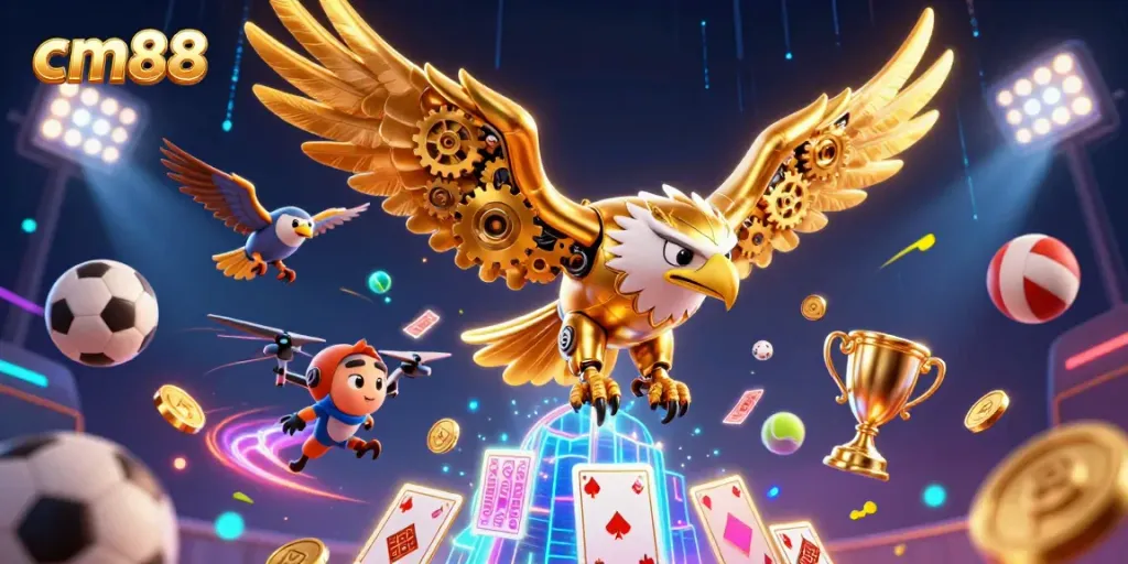 Experience thrilling gameplay with cm88, featuring an eagle amidst dynamic casino elements and sports ball action.