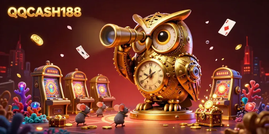 Experience the excitement of QQCASH188 with a vibrant casino scene featuring a clockwork owl, animated mice, and gold treasure!