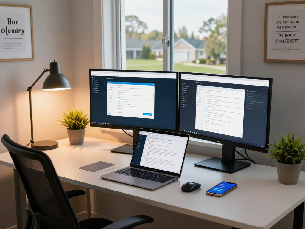 ToDesk remote desktop software displayed on dual monitors in a modern home office setup, showcasing productivity.