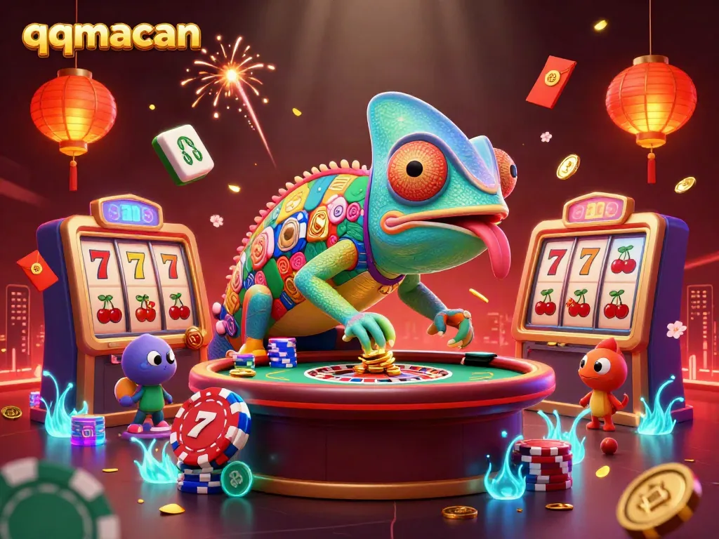 Engaging scene of the qqmacan chameleon casino owner amidst vibrant slot reels and casino elements.