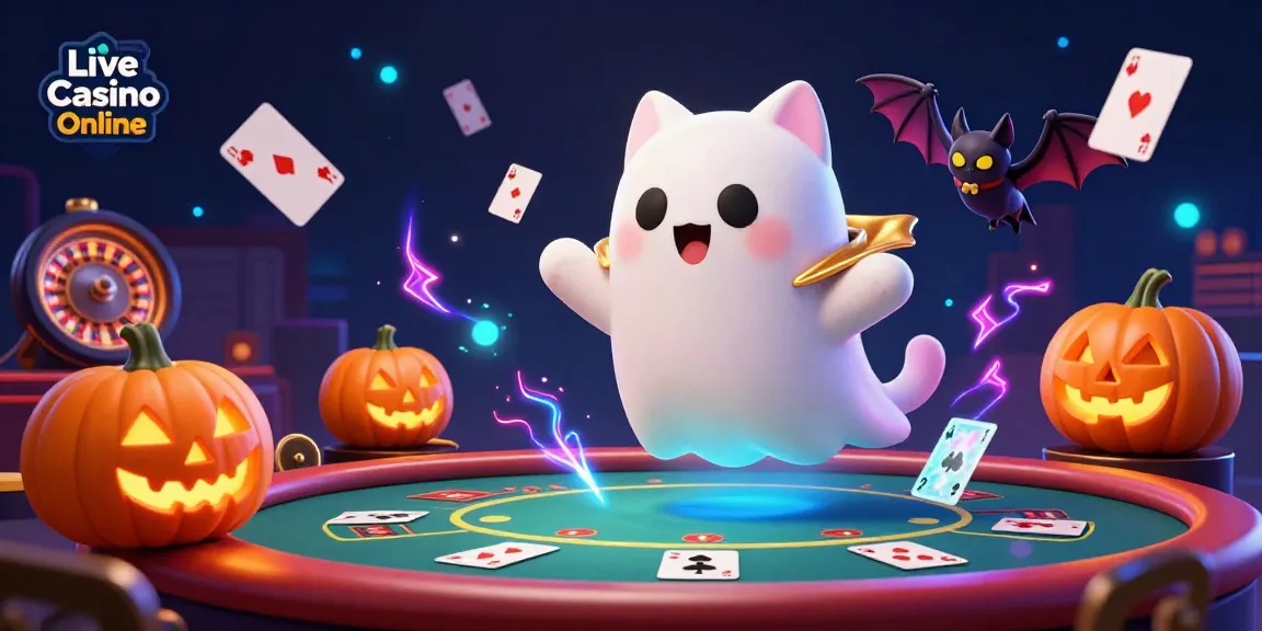 Experience excitement in Live Casino Online with vibrant ghost cat and poker elements.