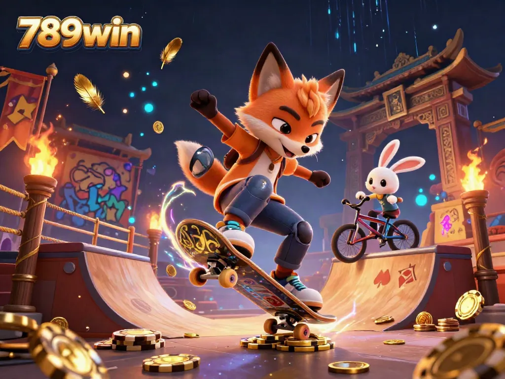 Experience thrilling gameplay with 789win featuring animated fox and rabbit characters in a dynamic casino scene.