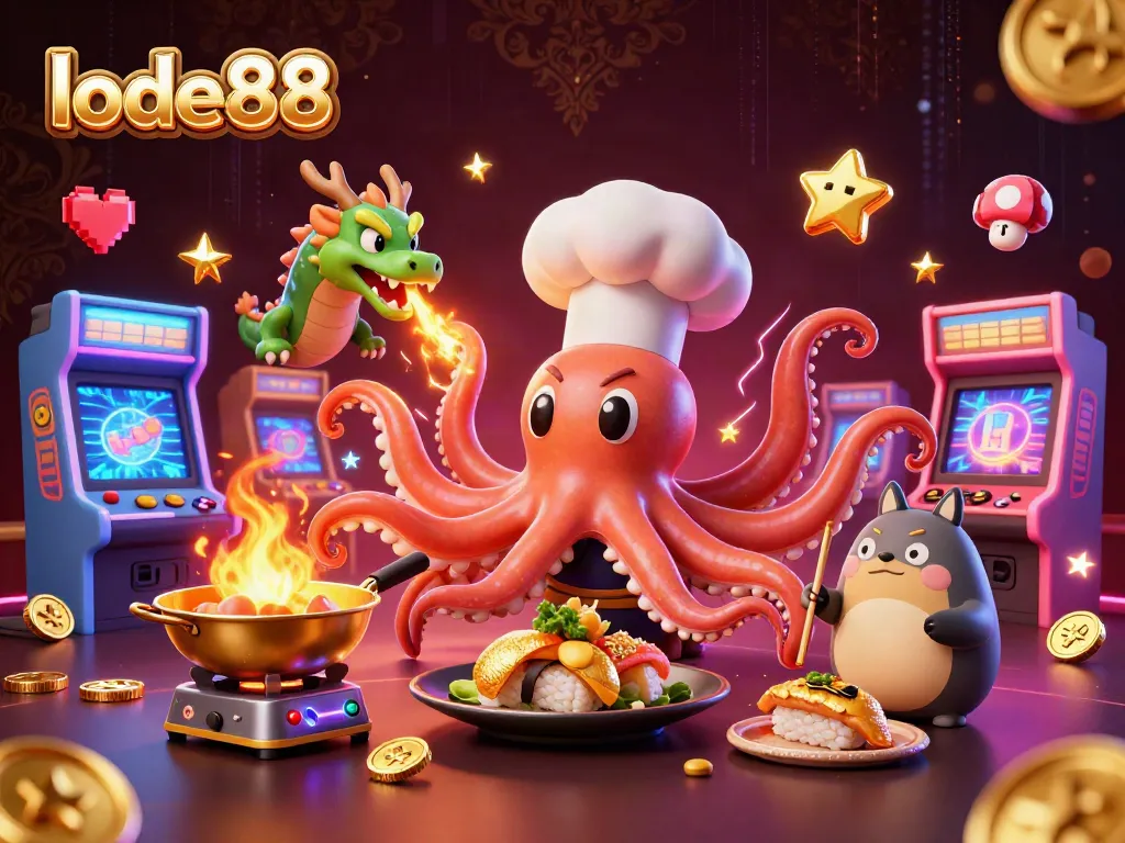 Experience the excitement of lode88 with chefs crafting golden dishes amidst arcade machines and vibrant casino elements.
