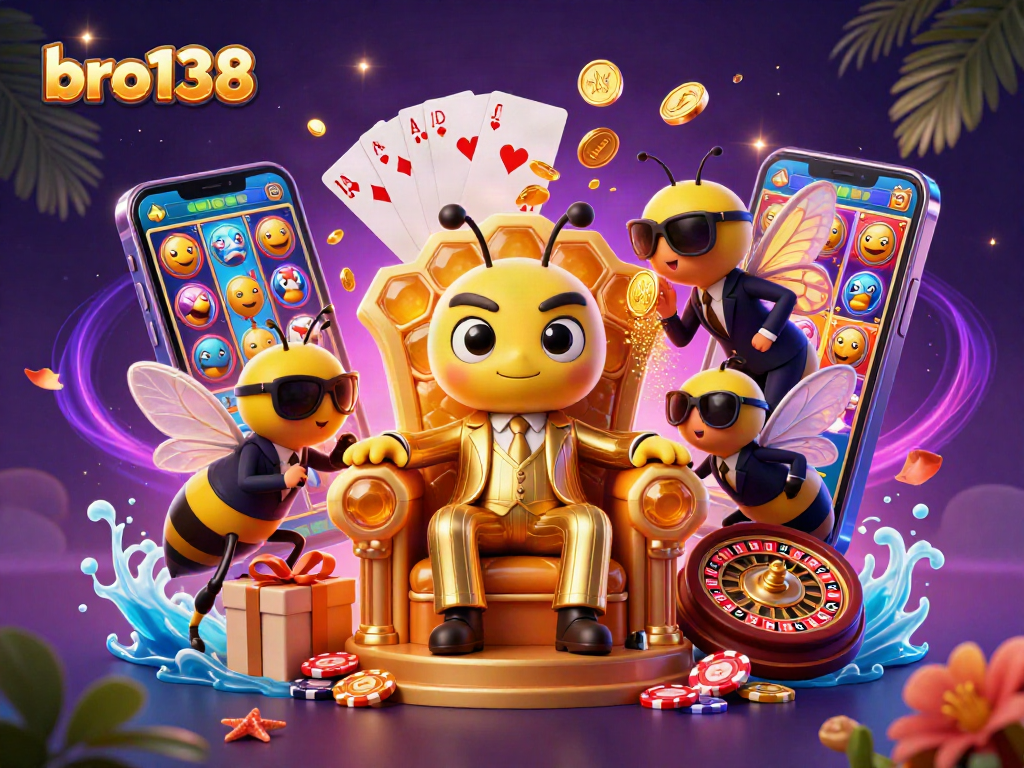 Bro138 showcases a vibrant 3D casino scene with a cartoon bumblebee mob boss and dynamic game elements, engaging players.