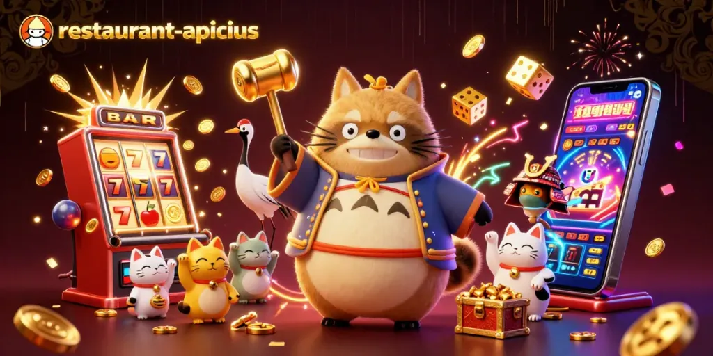 Play big at restaurant-apicius casinos with a vibrant tanuki, crane, and fortune cats themed illustration.