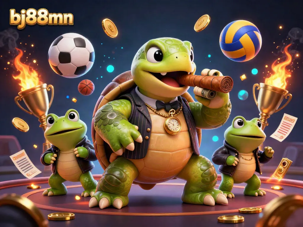 Play thrilling casino games with bj88mn featuring a vibrant scene of a mobster turtle and bullfrog enforcers.