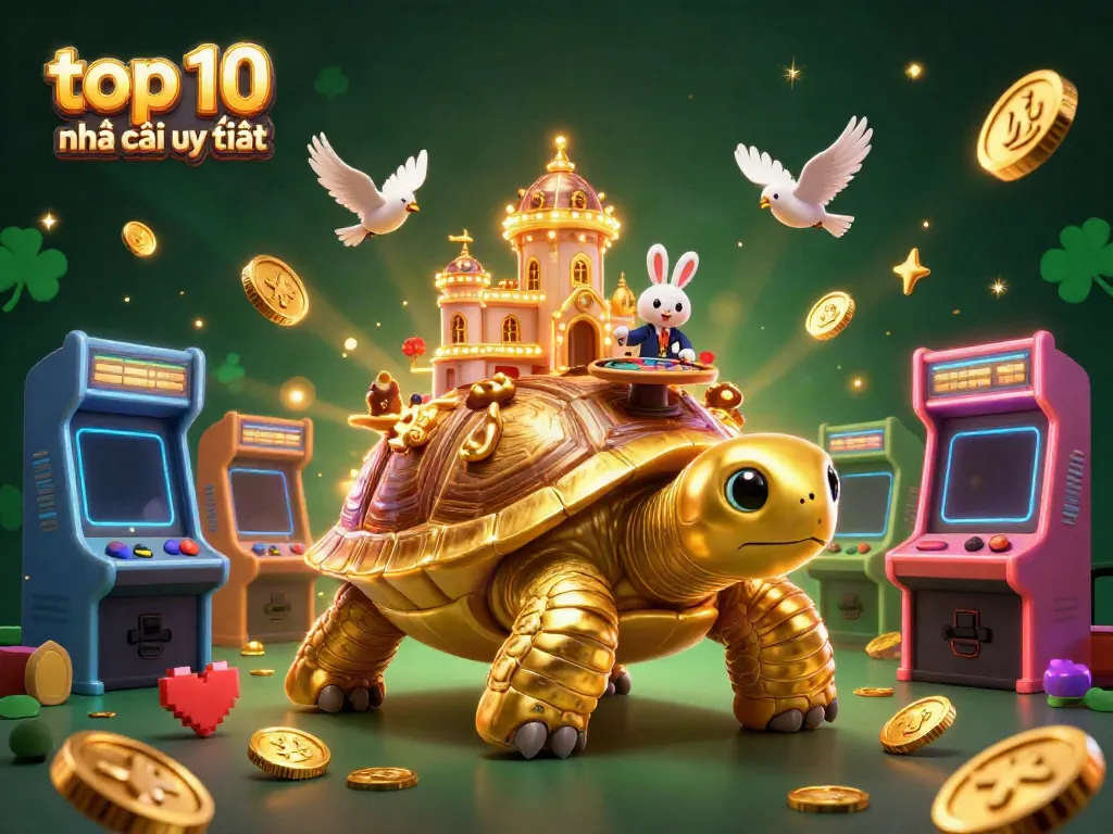 Engage with the top 10 nhà cái uy tín featuring a cartoon tortoise casino, vibrant characters, and game elements.