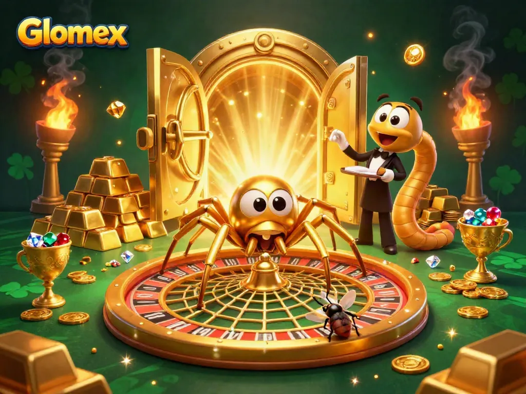 Place your bets with Glomex: a thrilling casino scene featuring a golden spider and a centipede croupier.