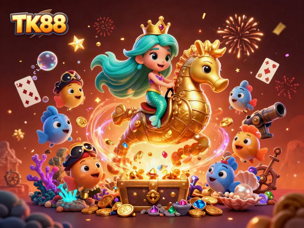 Experience the thrill of TK88 with a vibrant mermaid riding a seahorse amidst a treasure-filled underwater scene.