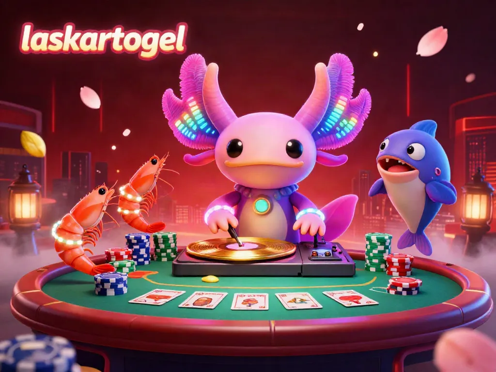Engage with laskartogel's vibrant 3D casino illustration featuring a neon axolotl DJ and dynamic game elements.