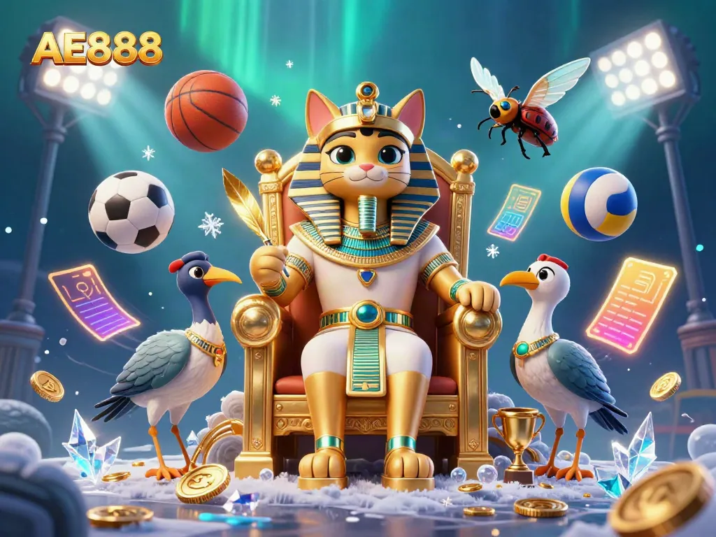 Experience the thrill of AE888 with a vibrant casino-themed illustration featuring dynamic sports elements.