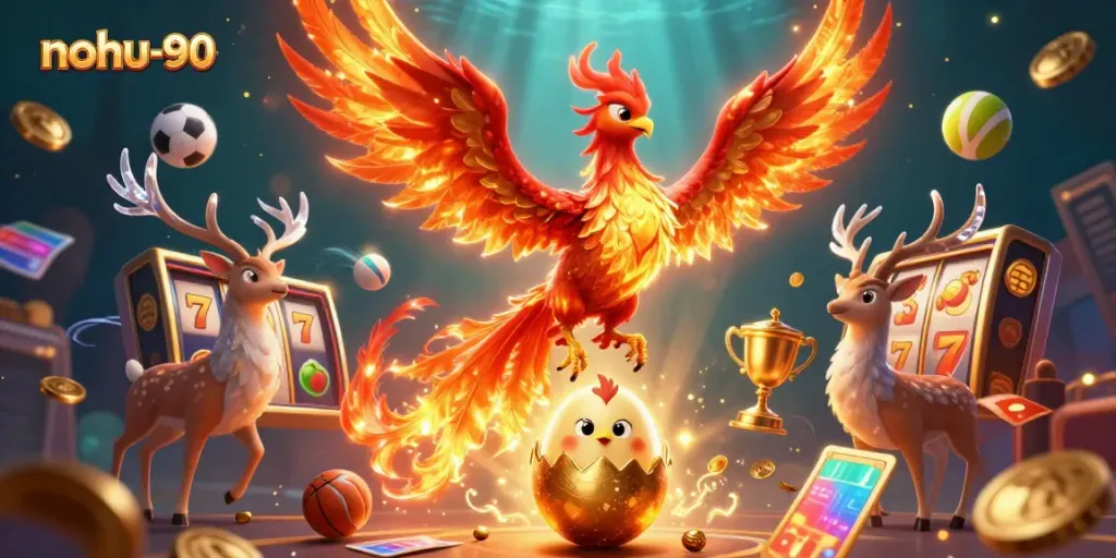 Experience the thrill of nohu-90 as the fire phoenix soars over vibrant slot reels and golden coins in a mystical casino.