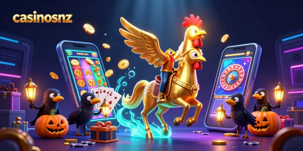 Experience the thrill at casinosnz with a golden rooster and spectral horse in a vibrant casino scene.