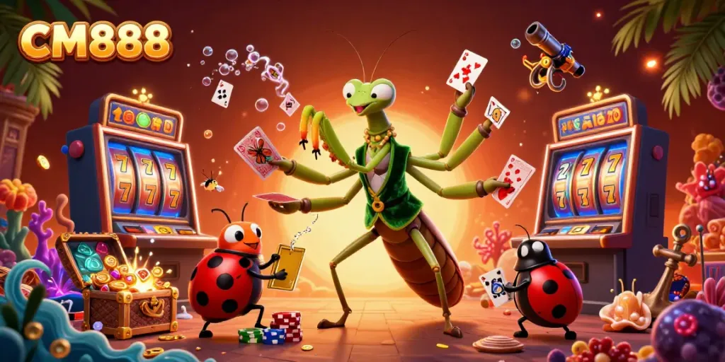 Experience the exciting CM888 casino scene with lively characters amidst vibrant gaming elements.