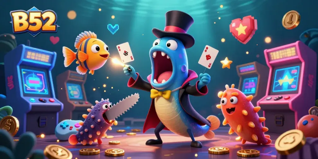 Engage with B52 casino magic as deep-sea characters perform enchanting card tricks.