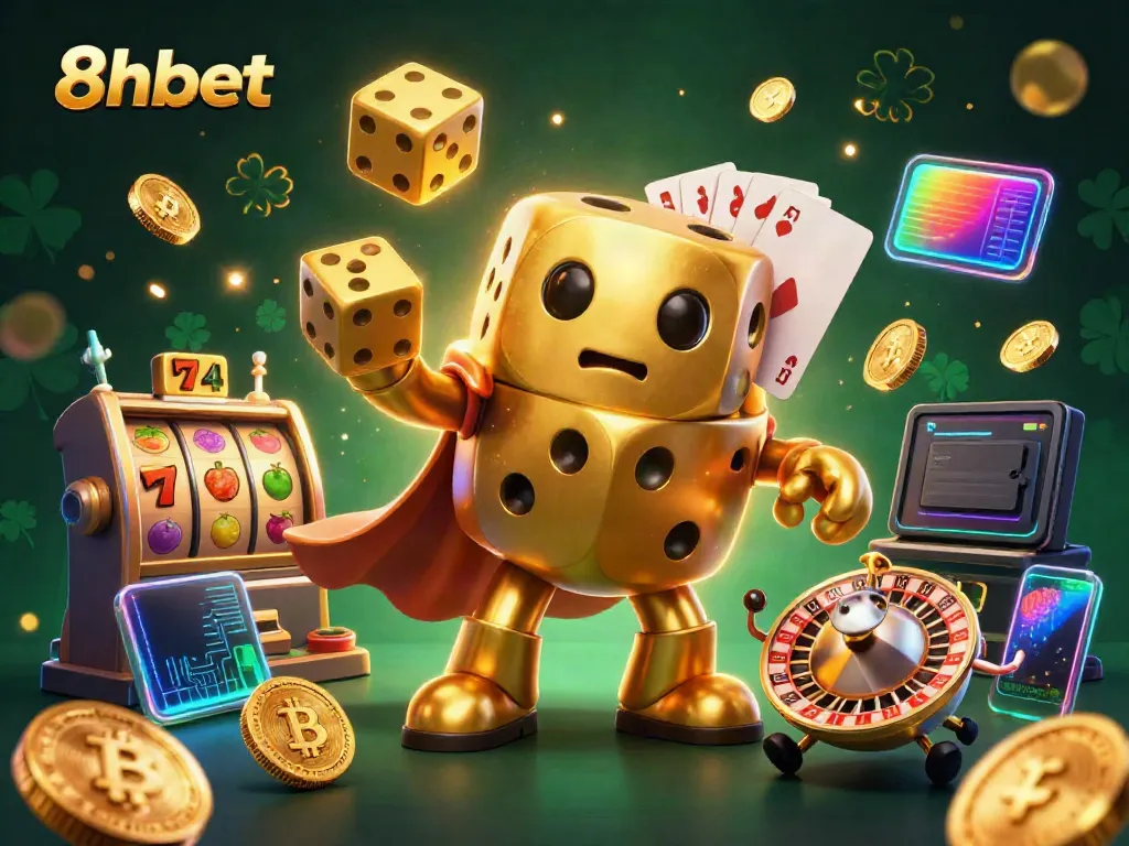 Engage with 8xbet's immersive casino universe featuring a golden dice golem and vibrant game elements.