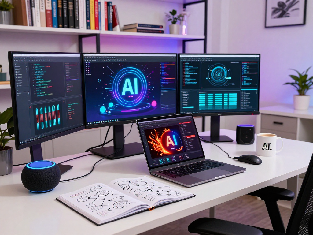Creative workspace showcasing a spicy ai developer at a modern desk with interactive AI designs and rich data graphics.
