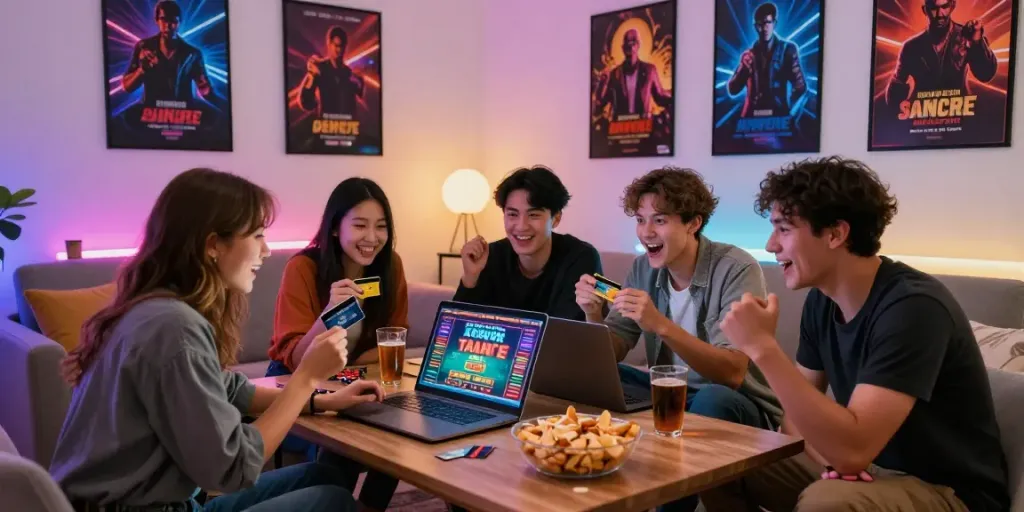 Friends enjoying online gaming together discussing casinos that accept credit card in a cozy living room.
