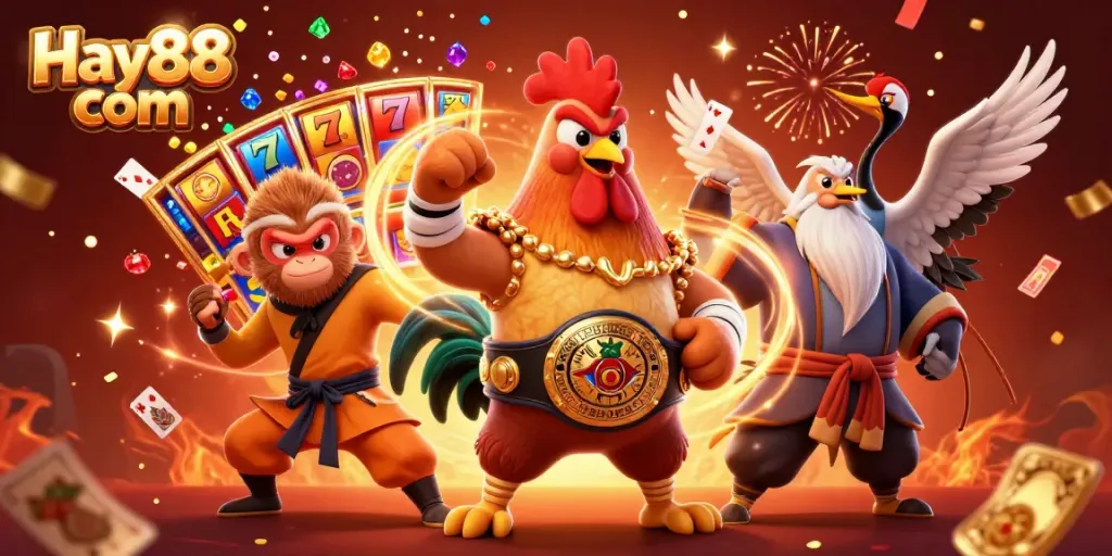 Experience thrilling slots at Hay88 com with a lively illustration of vibrant characters and gambling elements.