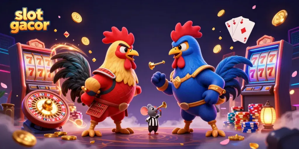 Bermain slot gacor dengan dua ayam bertarung berwarna-warni di arena, dikelilingi koin emas dan simbol jackpot yang bersinar.