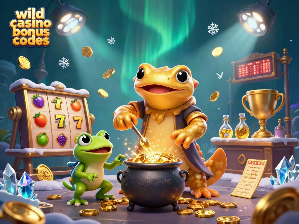 Discover wild casino bonus codes in an enchanting casino scene with gold coins and spinning slot reels.