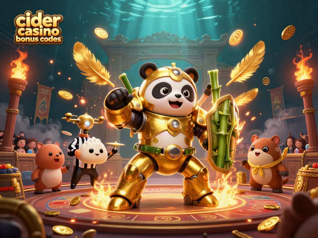 Cider casino bonus codes featured in a dynamic 3D illustration with a golden panda pilot in a casino arena.