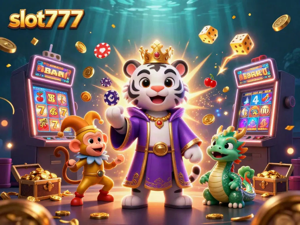 Engaging slot777 gameplay featuring a playful scene with a white tiger, monkey, and jade dragon amidst dynamic casino elements.