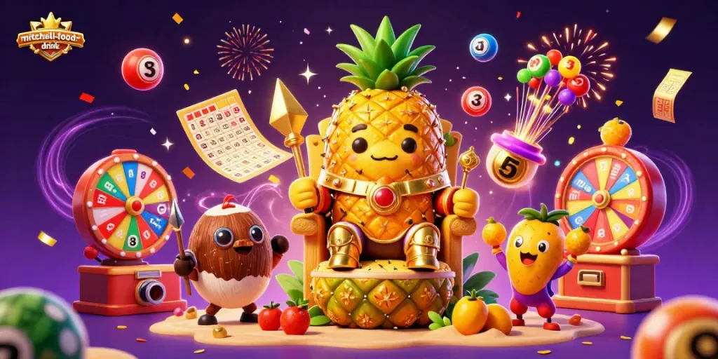 Engage with a vibrant mitchell-food-drink casino scene featuring a golden pineapple king, dynamic action elements, and festive atmosphere.