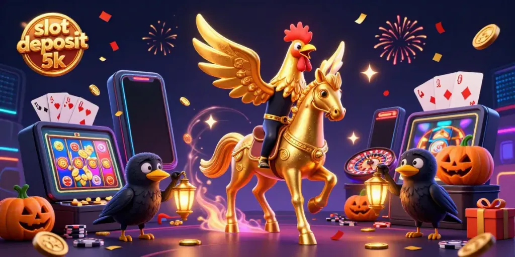 Spin the reels with slot deposit 5k under vibrant casino lights featuring golden rooster and lanterns.