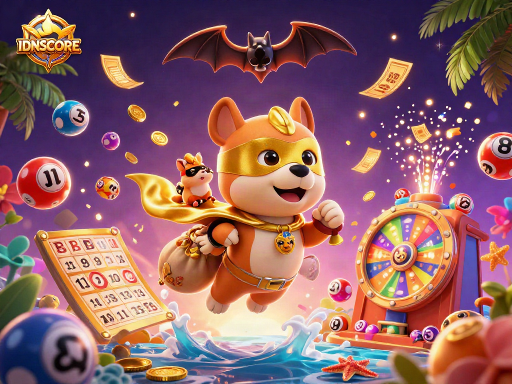 IDNSCORE gaming scene with a superhero dog and colorful lottery elements, representing excitement in online betting.