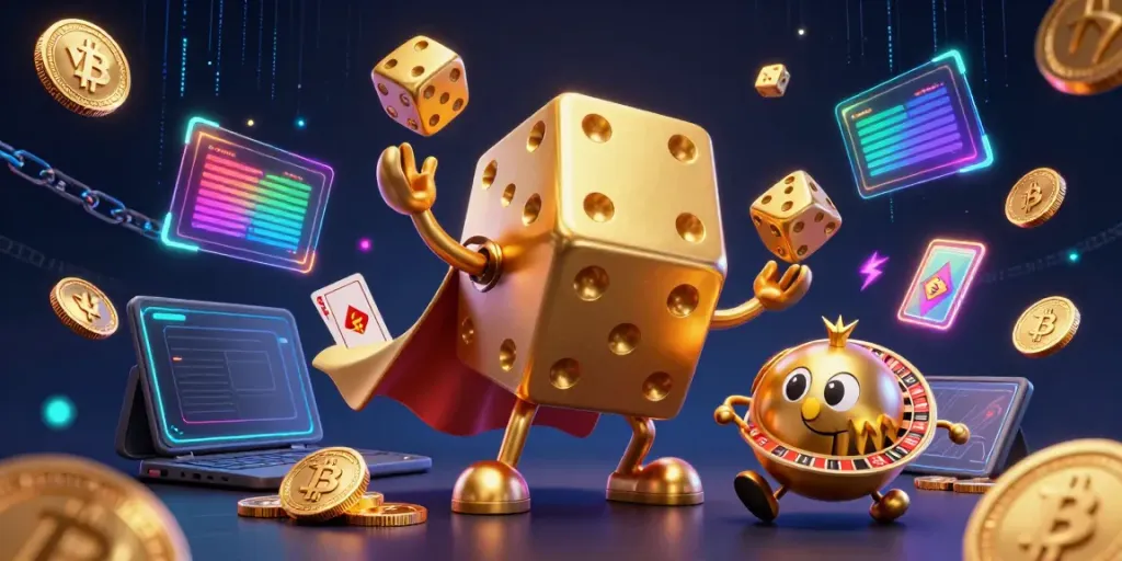 Engage with v79's vibrant gambling experience featuring golden dice juggling amidst cryptocurrencies and neon elements.