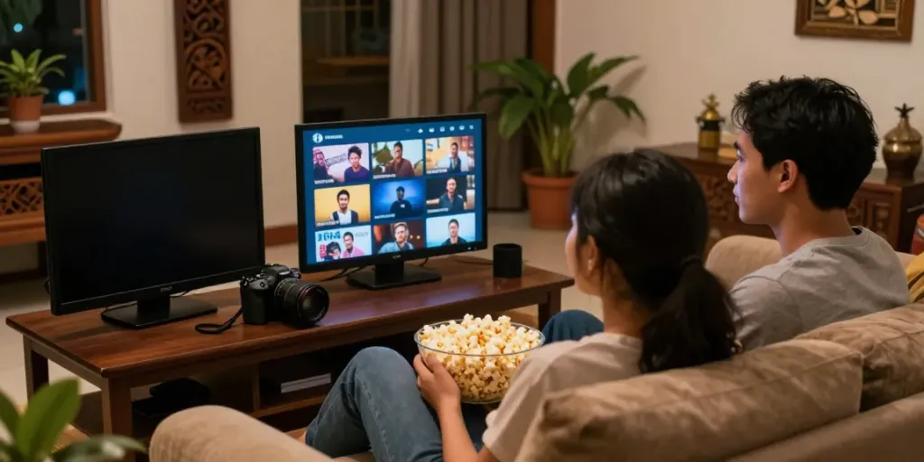 Pasangan muda menonton video di situs bokep dalam suasana rumah yang nyaman.