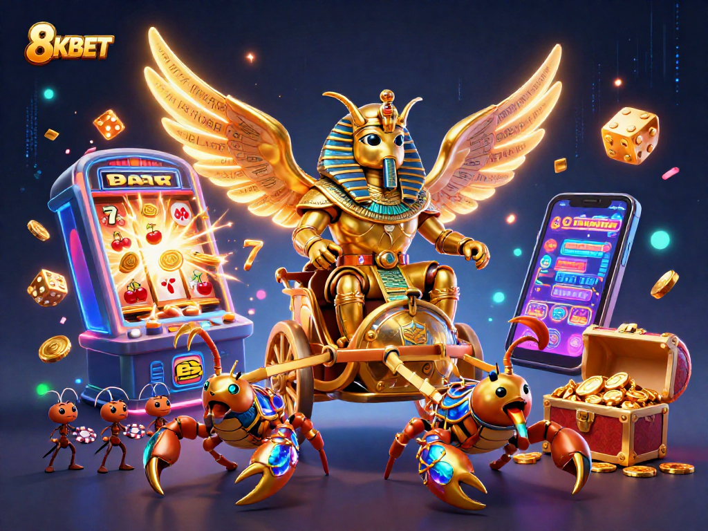 Experience exhilarating gameplay at 8KBET with vibrant casino elements and action-packed illustration.