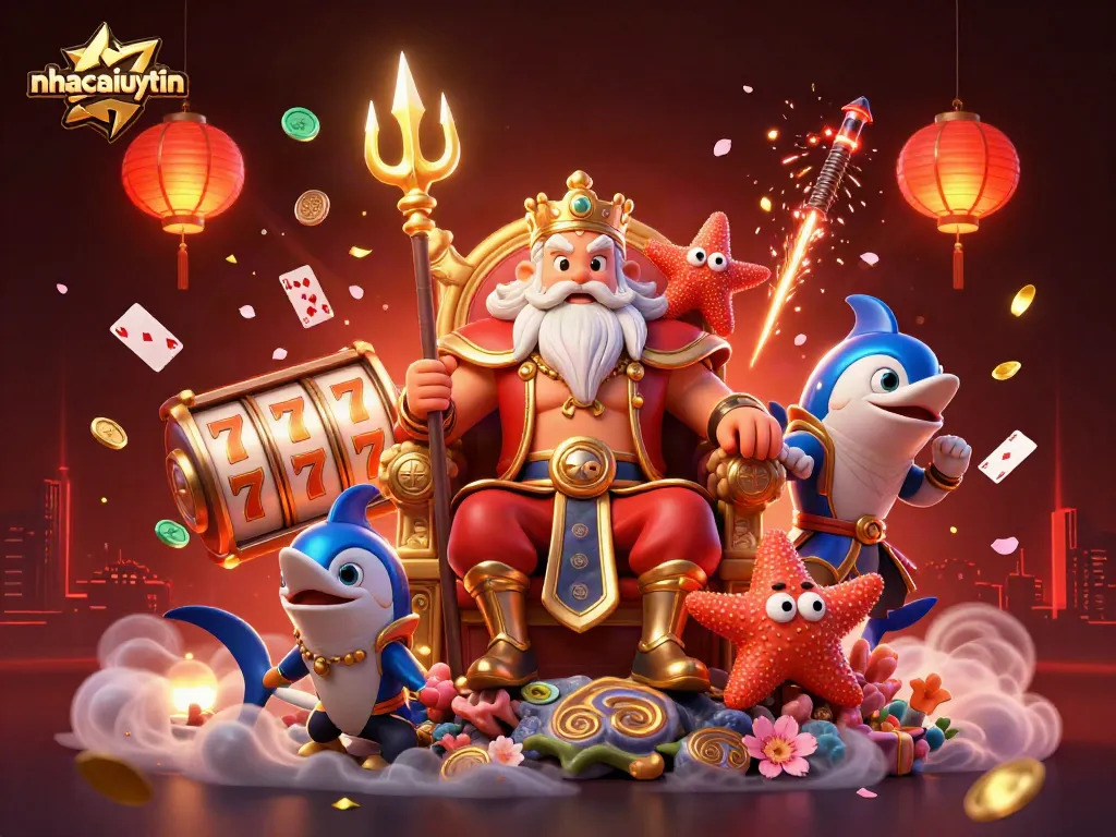 Engage with nhacaiuytin's alluring 3D casino scene featuring Neptune and vibrant game elements.