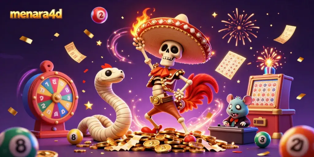 Win big at menara4d with the thriving skeleton rooster, mummy snake, and DJ hamster celebrating lottery games.