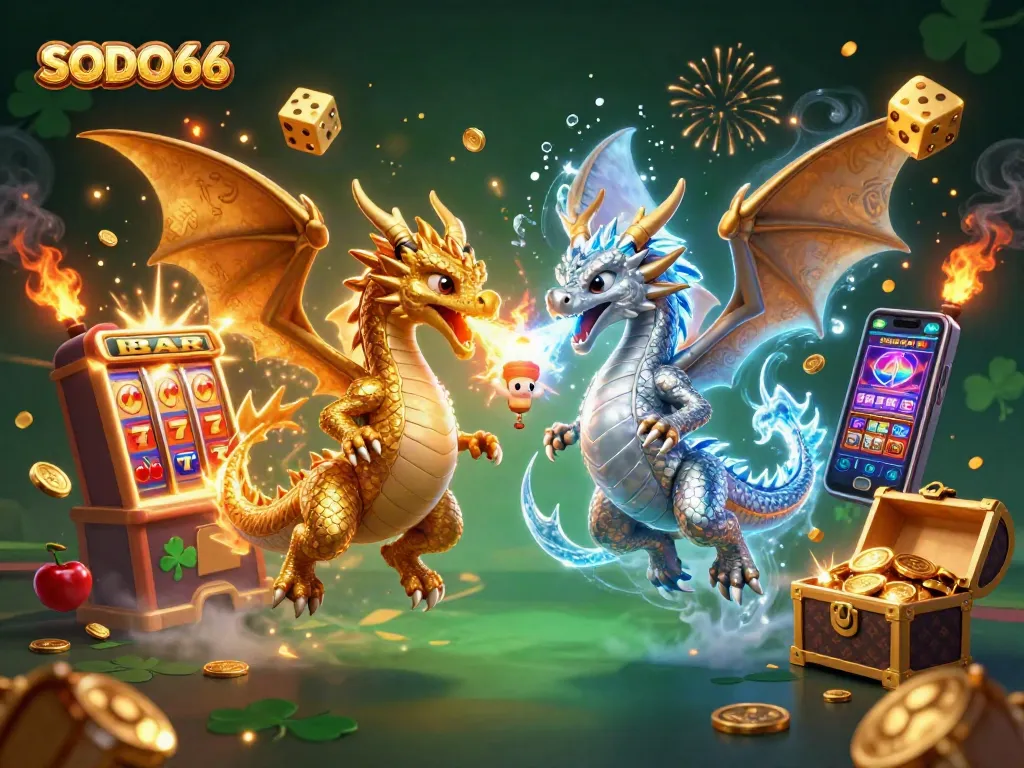 SODO66 engages players with a vibrant scene of dragons and a slot machine jackpot, showcasing thrilling casino action.