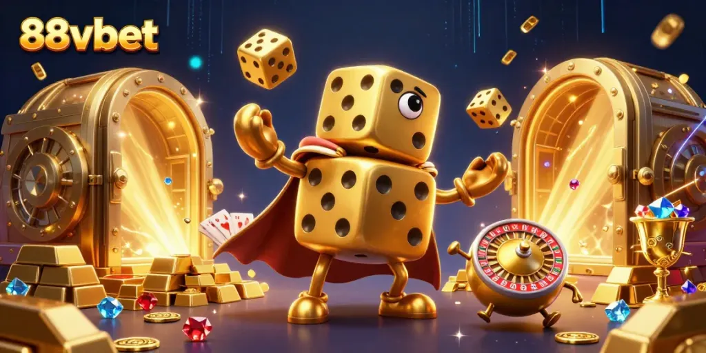 Experience the excitement of 88vbet with a vibrant 3D casino illustration full of golden dice and treasures.