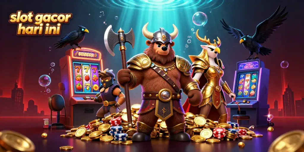 Spin the reels of slot gacor hari ini with bold characters and vibrant imagery in an exciting casino scene.