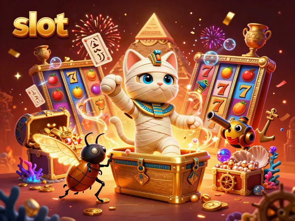 Engage in the slot adventure with a cartoon Egyptian mummy cat unveiling treasures in a vibrant casino scene.